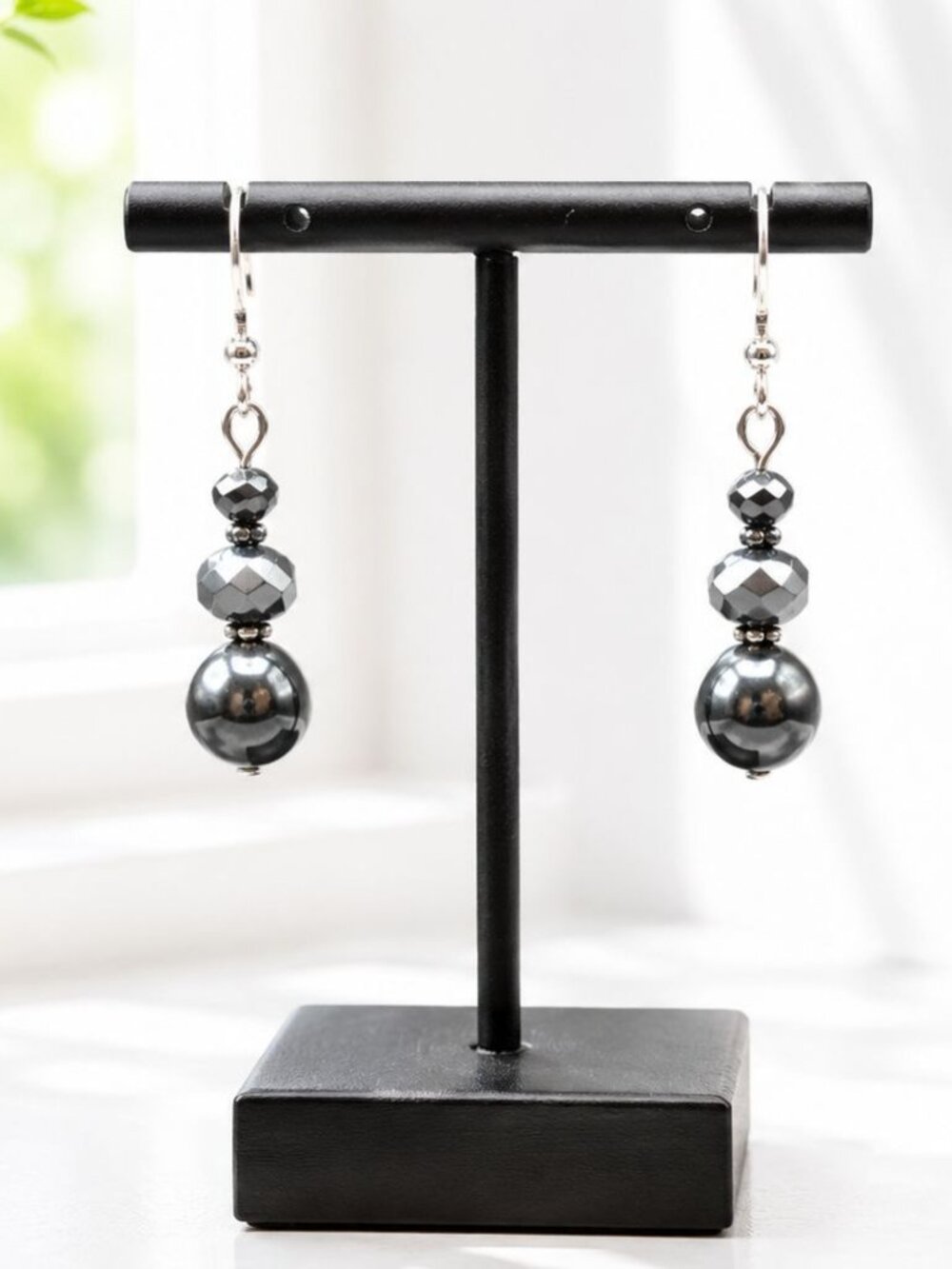 Black Hematite-look Beaded Dangle Earrings With Faceted Accents On Silver-tone H